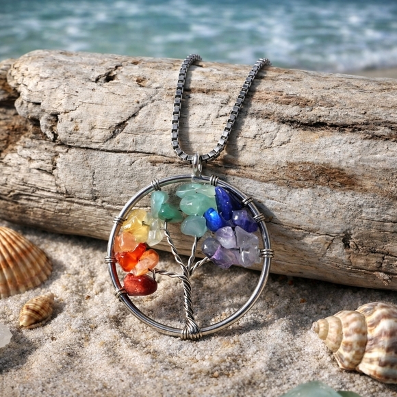 NKULTD Jewelry - Handmade Chakra Tree Of Life Crystal Pendant Stainless Steel Boho Chic Necklace